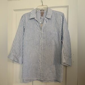 Chico's No-Iron Linen Blue and White Striped Shirt